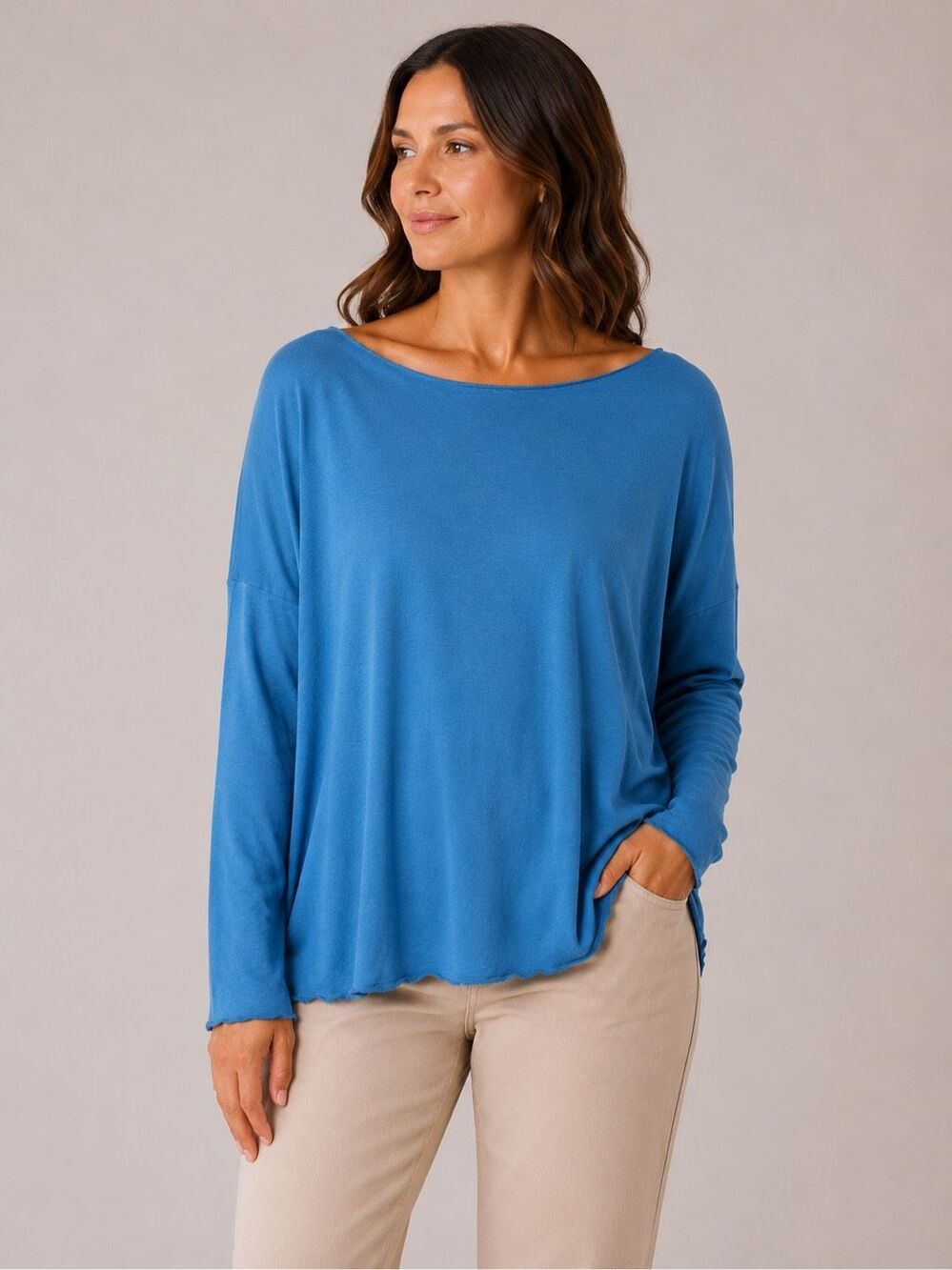 PLANET by Lauren G Boxy Long Sleeve T Shirt OSFM Blue Artsy Flowy